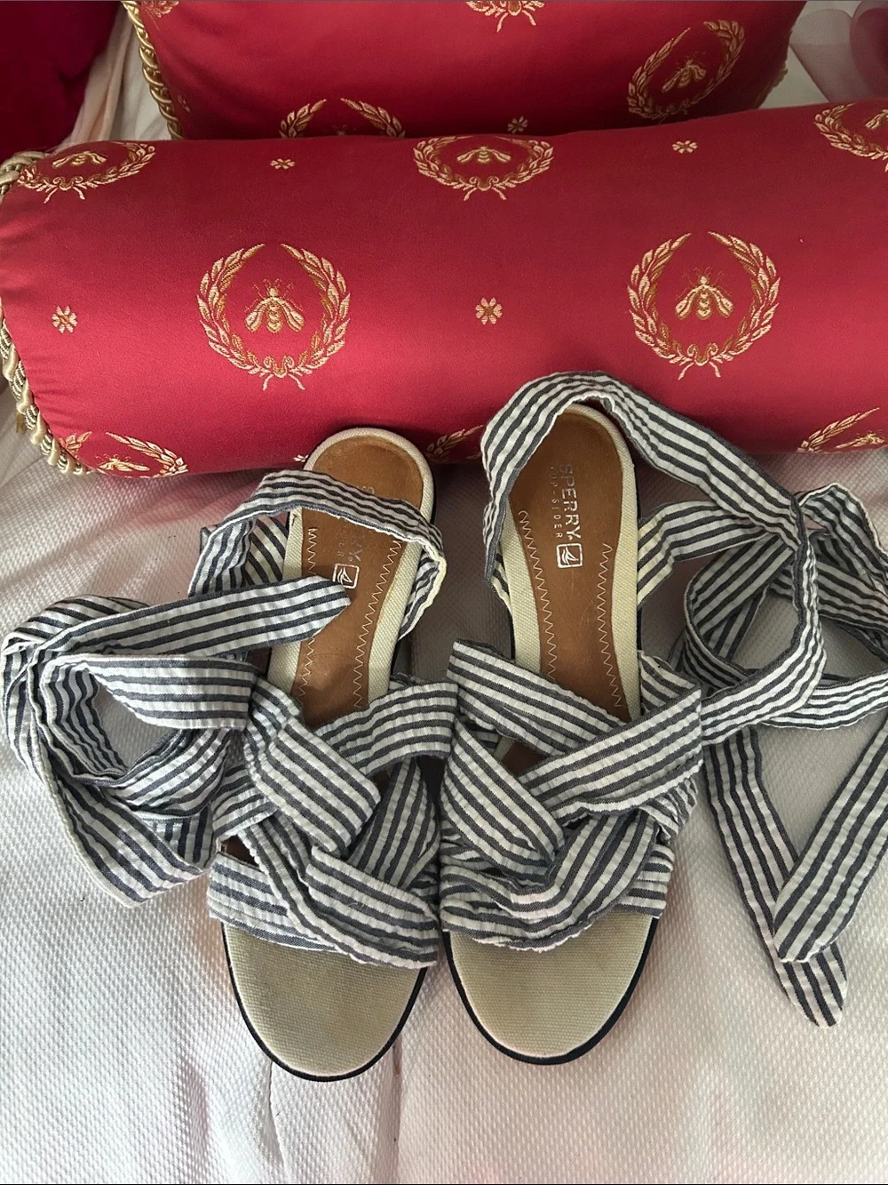 Sperry Striped Navy and White Wrap Wedge Sandals
